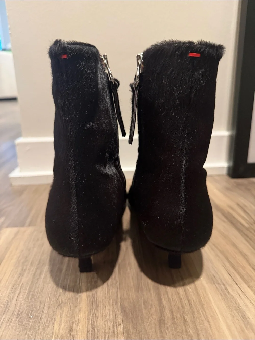 Aeyde Sofie Pony Hair Black Pointed Ankle Boots with Kitten Heel